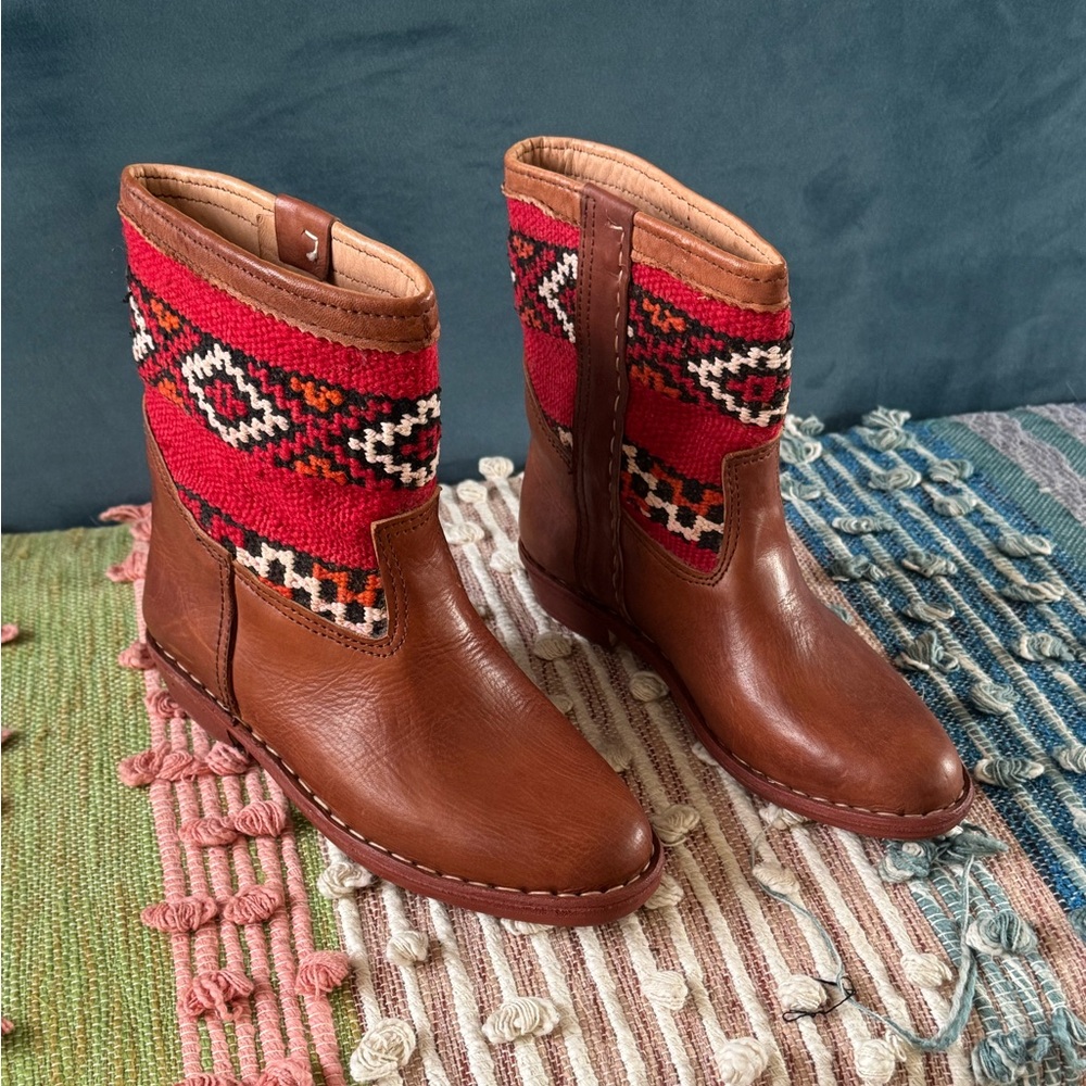 Brown Leather Ankle Boots with Red Pattern - unworn . Perfect condition